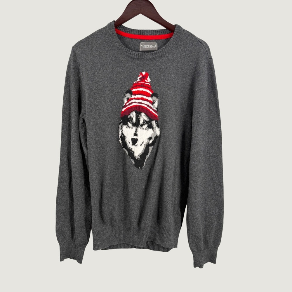Aeropostale Husky Dog Graphic Wool Blend Crewneck Sweater Gray Red Large